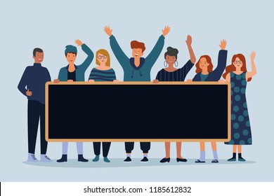 illustration of group of young people holding empty board with colorful fun simple flat cartoon style