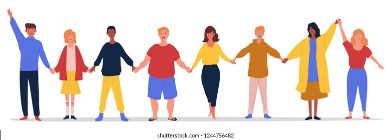 illustration of group of young people holding each other hands with happy expressions on their face. Flat male and female cartoon characters isolated on white background. Colored vector illustration
