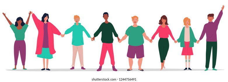 illustration of group of young people holding each other hands with happy expressions on their face. Flat male and female cartoon characters isolated on white background. Colored vector illustration

