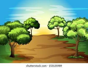 Ilustración de los árboles verdes que crecen en el bosque