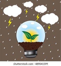 illustration of growing plant inside bulb and outside have thunder storm, environment concept