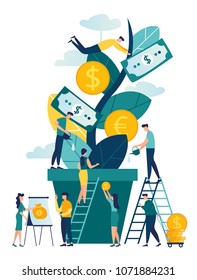 Illustration, A Growing Tree With Coins And Money, Caring For A Tree Watering Coins, Growing And Making Money, Profit, The Concept Of Financial Management, A Symbol Of Successful Business Vector