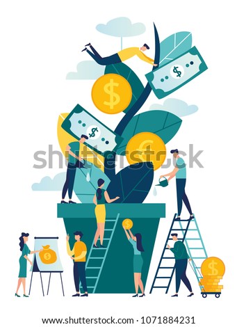 illustration, a growing tree with coins and money, caring for a tree watering coins, growing and making money, profit, the concept of financial management, a symbol of successful business vector