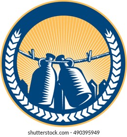 Illustration of a growler, a glass, ceramic, or stainless steel jug used to transport draft beer in the United States hanging on clothesline circle with picket fence and sunburst retro woodcut style. 