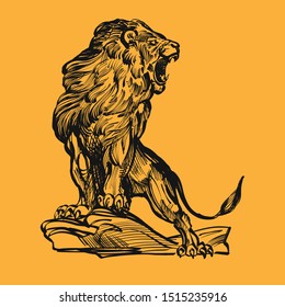 Illustration of a growling standing lion. - Vector