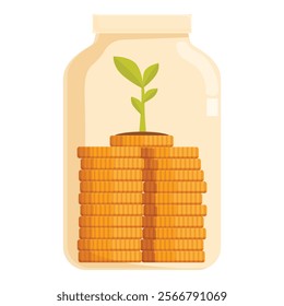 Illustration of growth investment concept with plant, coins, and savings in a finance jar, representing wealth accumulation and financial planning for future prosperity