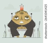 Illustration of a grumpy king with a third eye on his forehead, wearing a crown, and sitting on a throne in a minimalist marsh landscape.