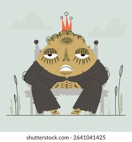 Illustration of a grumpy king with a third eye on his forehead, wearing a crown, and sitting on a throne in a minimalist marsh landscape.