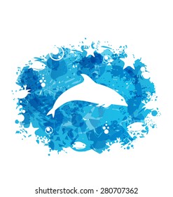 Illustration Grunge Blue Colorful Frame with Jumping Dolphin - Vector