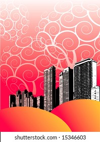 Illustration of grunge city buildings on fancy red background.