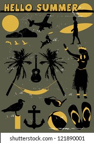 Illustration of grunge summer set silhouette, Vector