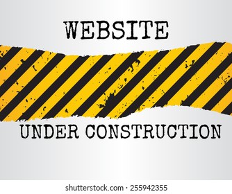 Illustration of a grunge website under construction sign / landing page with yellow and black diagonal pattern.