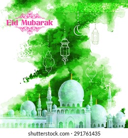 illustration of Grungy Eid Mubarak (Happy Eid) Background with mosque