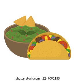 Illustration of guacamole with tacos. Traditional Mexican food.