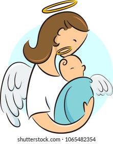 Illustration of a Guardian Angel Hugging a Newborn Baby with Halo