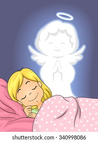 Illustration of a Guardian Angel Watching Over a Little Girl as She Sleeps