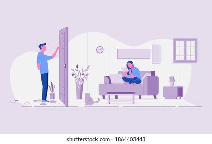 illustration of a guest visiting the house. interior of the living room vector illustration.