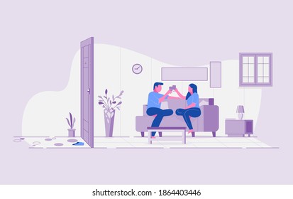 illustration of a guest visiting the house. interior of the living room vector illustration.