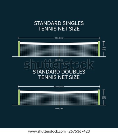 Illustration guide of a standard tennis net for both single and double court play with accurate size details, perfect for sports reference, coaching, or education use.