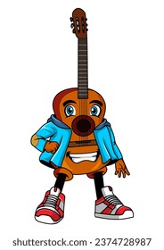 Eine Illustration eines Gitarrenzeichens, der sich beim Stehen mit einer Hand auf der Hüfte posiert. Cartoon-Vektorgrafik