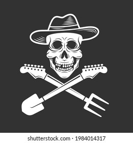 illustration of guitar combined with farm equipment and skull hat 