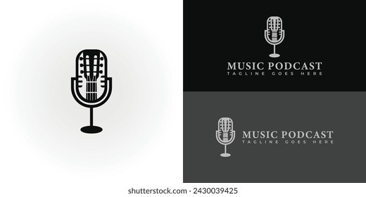 Una ilustración de un vector de logotipo de guitarra y micrófono en color negro presentado con múltiples colores de fondo. El logotipo es adecuado para plantillas de inspiración de diseño de logotipo de podcast de música.