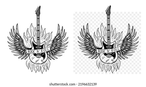 Illustration of a guitar on fire with wings. Emblem, sign of rock and roll. Vector sketch illustration 