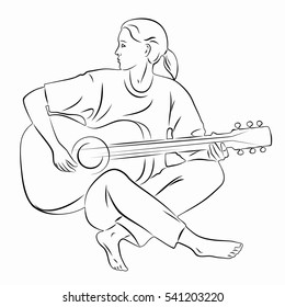 illustration of guitar player . black and white drawing, white background