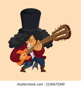 illustration of guitar player character with cowboy hat, leather shoes, chain accessories, long hair, jeans and cigarettes gives a rock and roll 