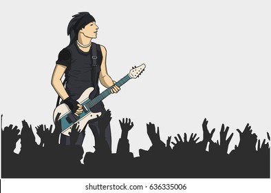 Illustration of guitar player performing on stage with crowd in color