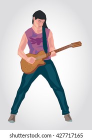 Illustration of a guitar player, simple art for web and print design appealing for music theme.