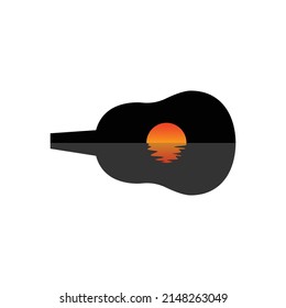 Illustration Of Guitar And Sunset Vector. Sunset Music Logo Concept.