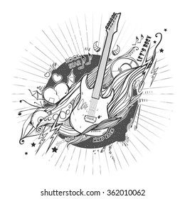 Illustration with guitar. Template for t-shirts, cafe , club, or your design.