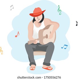 Illustration eines Gitarristen. Gitarrist spielt Gitarre. Gitarrist auf dem Stuhl. Gitarrist-Illustration. Musiker spielt.