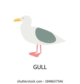 Illustration with gull. Cartoon character of bird.