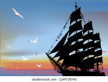 illustration with gulls above ship silhouette in sunset sea