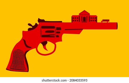 Illustration Of A Gun , High School, School Bus. Concept Art About School Shooting And Mass Shooting