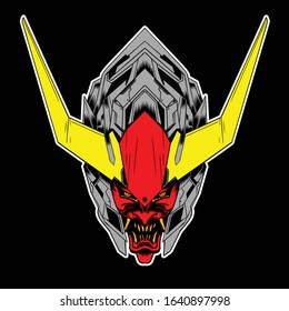 illustration of gundam head and devil with white outline and black background