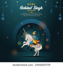 illustration of guru gobind singh jayanti riding a white horse with gradient color concept, for cover, social media post