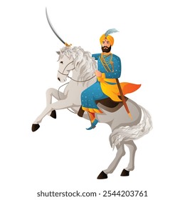 illustration of guru gobind singh jayanti riding a white horse isolated