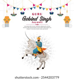 illustration of guru gobind singh jayanti riding a white horse for cover, social media post, flyer, poster