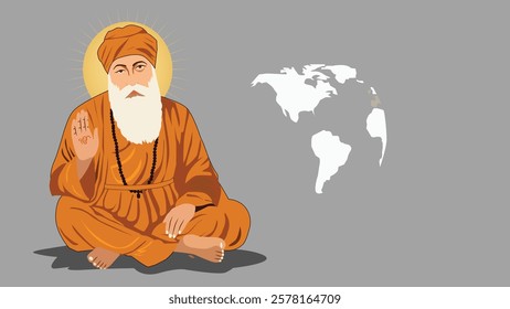 Illustration of Guru Nanak Dev Ji with a glowing aura and a world map, symbolizing his universal teachings of peace, unity, and spiritual wisdom in Sikhism