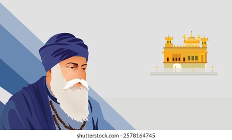 Illustration of Guru Nanak Dev Ji in deep contemplation with the Golden Temple in the background, symbolizing spiritual wisdom, faith, and Sikh heritage