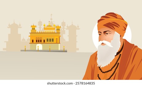 Illustration of Guru Nanak Dev Ji with a serene expression and the Golden Temple in the background, symbolizing Sikh spirituality, wisdom, and divine blessings