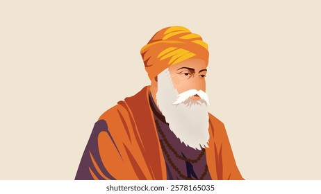 Illustration of Guru Nanak Dev Ji with a calm expression, symbolizing wisdom, peace, and divine teachings in Sikhism, set against a serene background