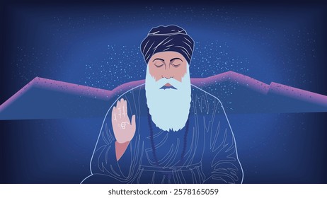 Illustration of Guru Nanak Dev Ji in deep meditation with a cosmic background, symbolizing peace, wisdom, and divine blessings in Sikh spirituality