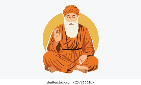 Illustration of Guru Nanak Dev Ji in a meditative posture, radiating divine wisdom and peace, symbolizing spiritual enlightenment and Sikh teachings