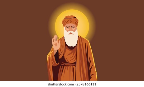 Illustration of Guru Nanak Dev Ji with a radiant golden aura, raising his hand in blessing, symbolizing peace, wisdom, and divine teachings in Sikhism