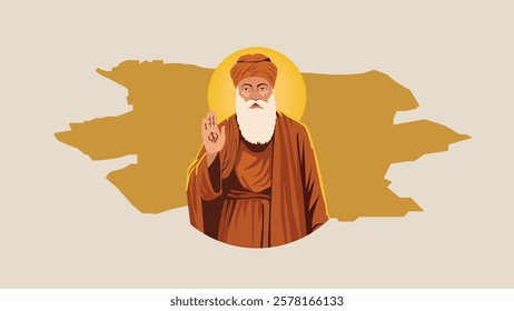 Illustration of Guru Nanak Dev Ji with a radiant golden aura, raising his hand in a gesture of blessing, symbolizing peace, wisdom, and divine guidance in Sikhism