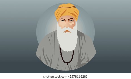 Illustration of Guru Nanak Dev Ji with a peaceful expression, adorned in a yellow turban and prayer beads, symbolizing wisdom, spirituality, and divine grace in Sikhism